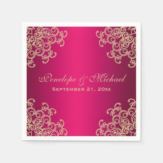 Serviette En Papier Fuchsia et Mariage de style indien Gold (Devant)