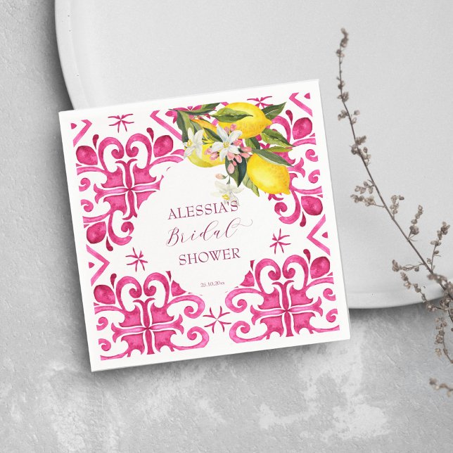 Serviette En Papier Fuchsia Majolica magenta carrelage shower de maria (Fuchsia Majolica magenta tiles lemons bunch bridal shower tableware personalized Napkins modern)