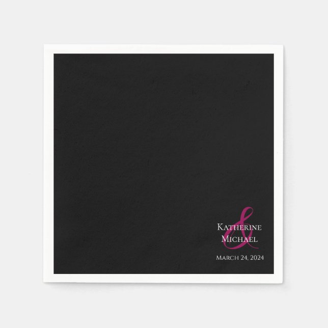 Serviette En Papier Fuchsia noire moderne et Mariage blanc (Devant)