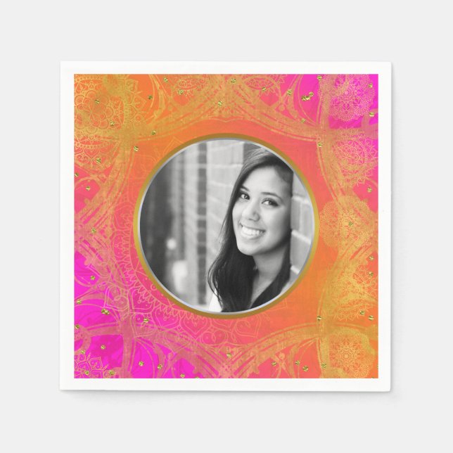 Serviette En Papier Fuchsia Pink Orange Gold Mandala (Devant)