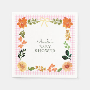 Serviette En Papier Fuchsia rose floral Gingham Baby Shower 009