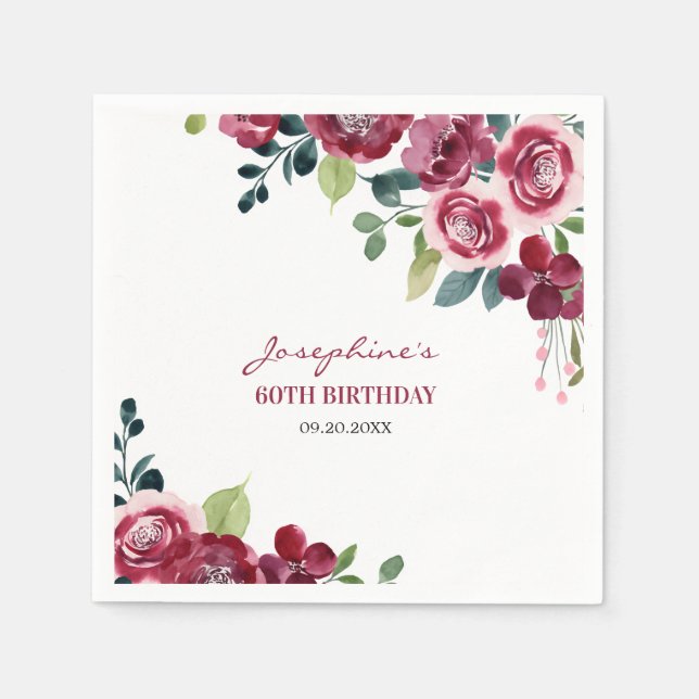 Serviette En Papier Fuchsia Rose Florale Feuillage Anniversaire (Devant)