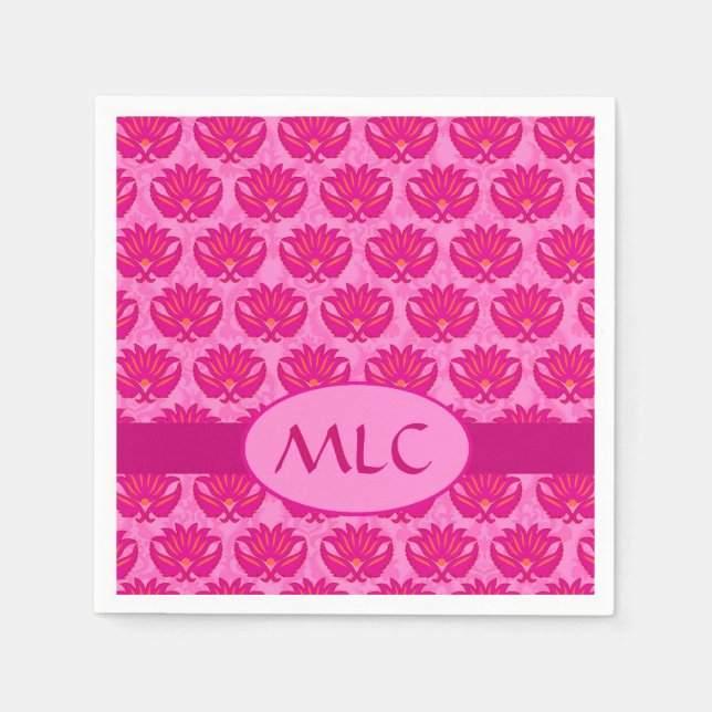 Serviette En Papier Fuchsia rose moderne Art nouveau Damas Monogramme (Devant)