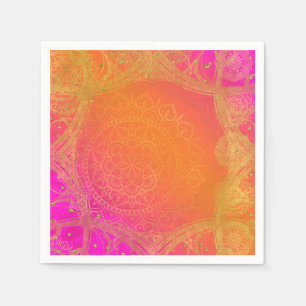 Serviette En Papier Fuchsia Rose Orange Et Or Mandala Indienne De Fête