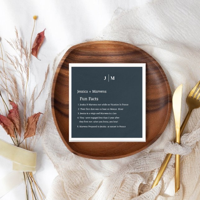 Serviette En Papier Fun Facts About the Newlyweds navy blue mariage (Créateur téléchargé)