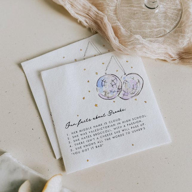 Serviette En Papier Fun Facts Watercolor Disco Balls Anniversaire (Fun facts personalized party paper cocktail napkins featuring watercolor star studded disco balls.)