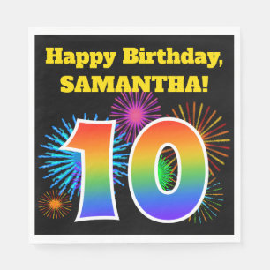 Serviette En Papier Fun Fireworks + Rainbow Motif "10" Anniversaire #
