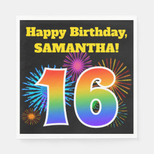 Serviette En Papier Fun Fireworks + Rainbow Motif "16" Anniversaire #