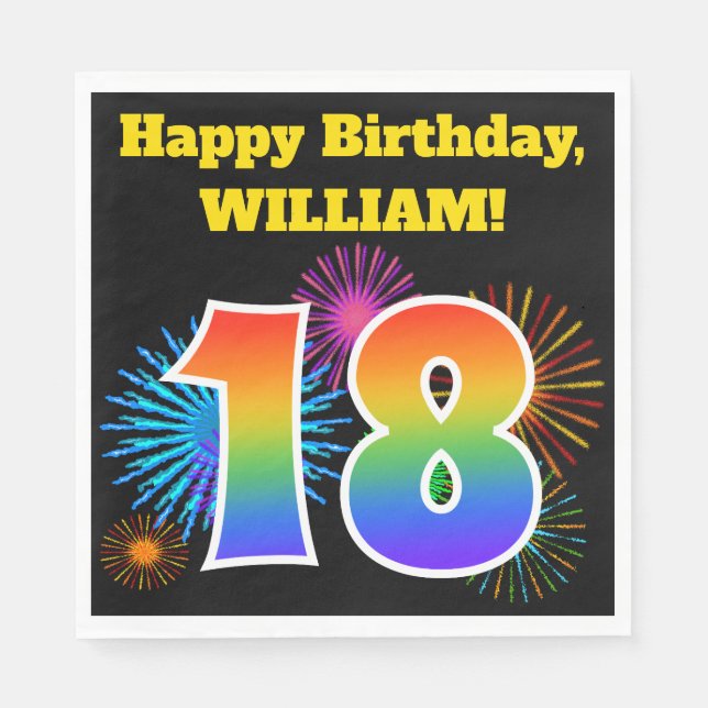 Serviette En Papier Fun Fireworks + Rainbow Motif "18" Anniversaire # (Devant)