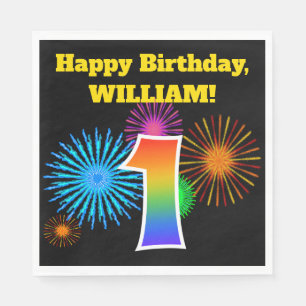 Serviette En Papier Fun Fireworks + Rainbow Motif "1" Anniversaire #