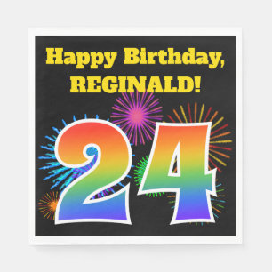 Serviette En Papier Fun Fireworks + Rainbow Motif "24" Anniversaire #