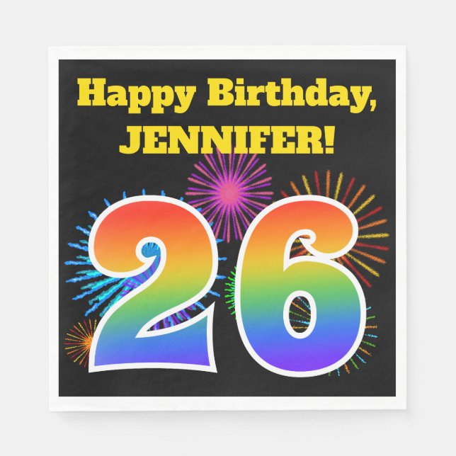 Serviette En Papier Fun Fireworks + Rainbow Motif "26" Anniversaire # (Devant)