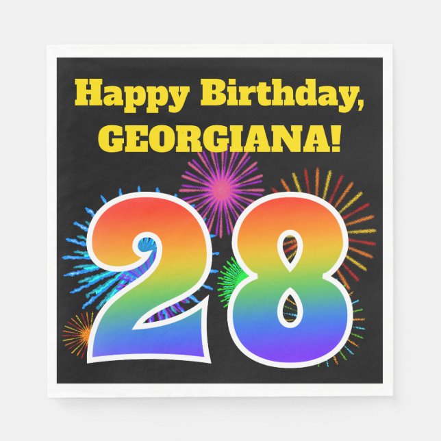 Serviette En Papier Fun Fireworks + Rainbow Motif "28" Anniversaire # (Devant)