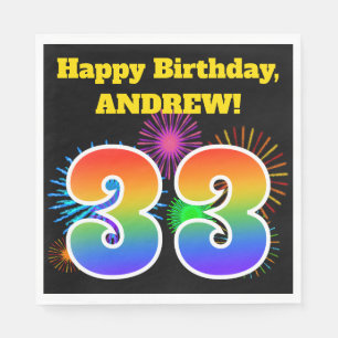 Serviette En Papier Fun Fireworks + Rainbow Motif "33" Anniversaire #