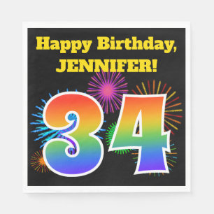 Serviette En Papier Fun Fireworks + Rainbow Motif "34" Anniversaire #