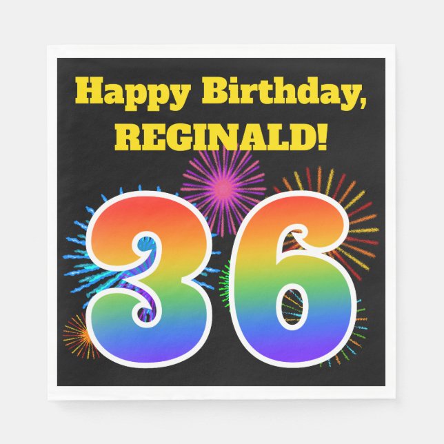 Serviette En Papier Fun Fireworks + Rainbow Motif "36" Anniversaire # (Devant)