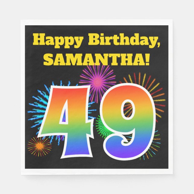 Serviette En Papier Fun Fireworks + Rainbow Motif "49" Anniversaire # (Devant)