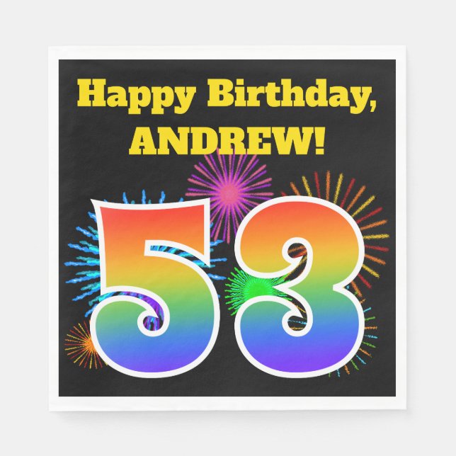 Serviette En Papier Fun Fireworks + Rainbow Motif "53" Anniversaire # (Devant)