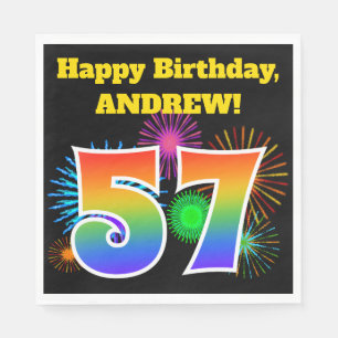 Serviette En Papier Fun Fireworks + Rainbow Motif "57" Anniversaire #