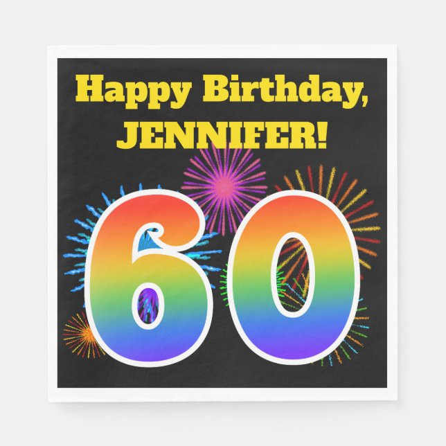 Serviette En Papier Fun Fireworks + Rainbow Motif "60" Anniversaire # (Devant)