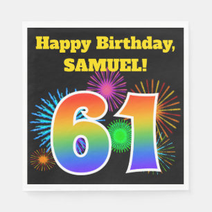 Serviette En Papier Fun Fireworks + Rainbow Motif "61" Anniversaire #