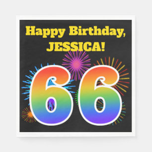 Serviette En Papier Fun Fireworks + Rainbow Motif "66" Anniversaire #