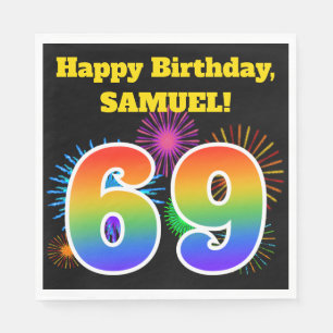 Serviette En Papier Fun Fireworks + Rainbow Motif "69" Anniversaire #