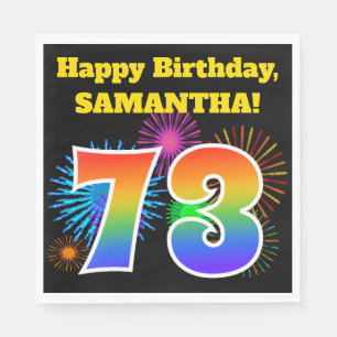 Serviette En Papier Fun Fireworks + Rainbow Motif "73" Anniversaire #