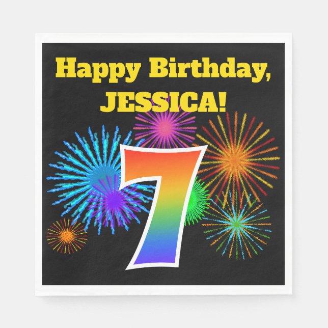 Serviette En Papier Fun Fireworks + Rainbow Motif "7" Anniversaire # (Devant)
