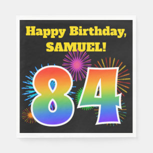 Serviette En Papier Fun Fireworks + Rainbow Motif "84" Anniversaire #