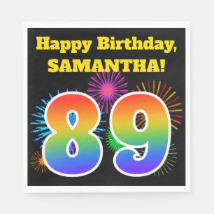 Serviette En Papier Fun Fireworks + Rainbow Motif "89" Anniversaire #
