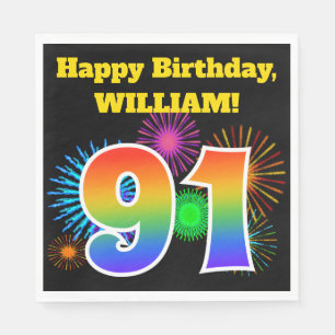Serviette En Papier Fun Fireworks + Rainbow Motif "91" Anniversaire #