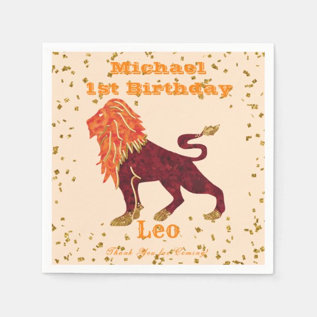 Serviette En Papier Fun Leo Premier Anniversaire & Gold Confetti (Devant)