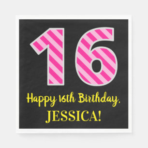 Serviette En Papier Fun Pink Stripes "16"; Joyeux 16e anniversaire; No