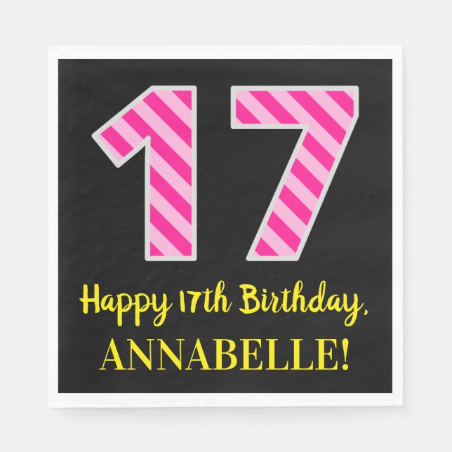 Serviette En Papier Fun Pink Stripes "17"; Joyeux 17e anniversaire; No (Devant)