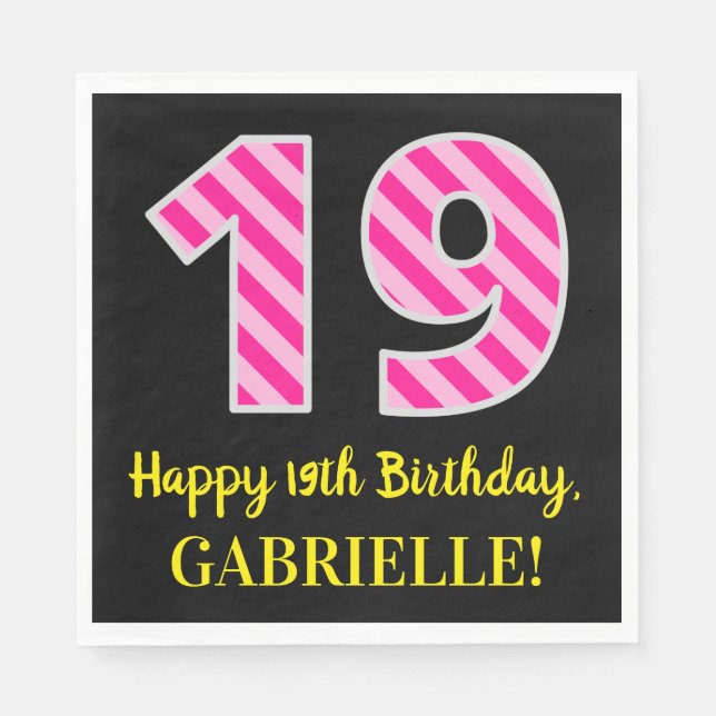 Serviette En Papier Fun Pink Stripes "19"; Joyeux 19e anniversaire; No (Devant)