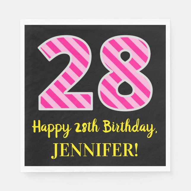 Serviette En Papier Fun Pink Stripes "28"; Joyeux 28e anniversaire; No (Devant)
