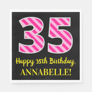 Serviette En Papier Fun Pink Stripes "35"; Joyeux 35e anniversaire; No