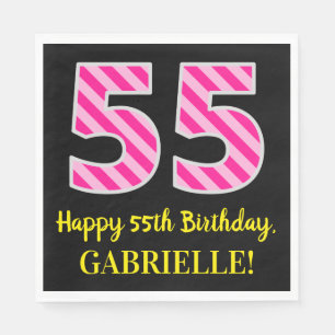 Serviette En Papier Fun Pink Stripes "55"; Joyeux 55e anniversaire; No