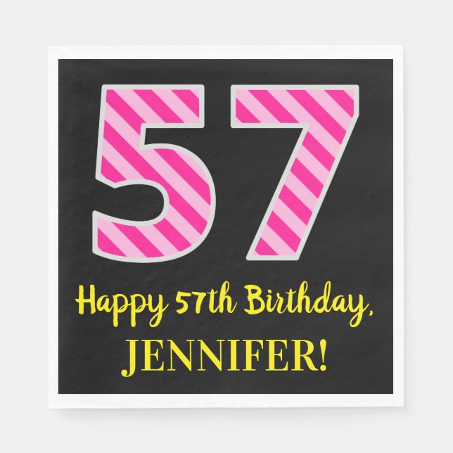Serviette En Papier Fun Pink Stripes "57"; Joyeux 57ème anniversaire;  (Devant)
