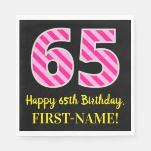Serviette En Papier Fun Pink Stripes "65"; Joyeux 65e anniversaire; No