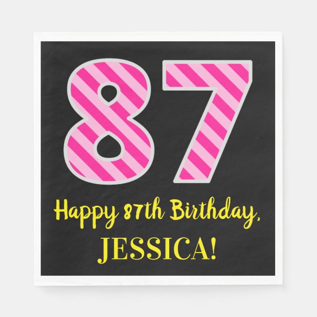 Serviette En Papier Fun Pink Stripes "87"; Joyeux 87ème anniversaire;  (Devant)