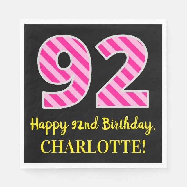 Serviette En Papier Fun Pink Stripes "92"; Joyeux 92e anniversaire; No (Devant)