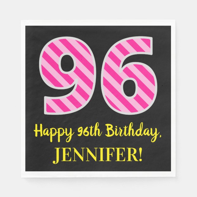Serviette En Papier Fun Pink Stripes "96"; Joyeux 96ème anniversaire;  (Devant)