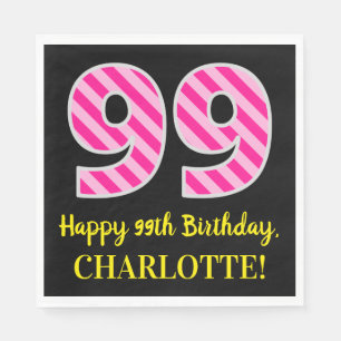 Serviette En Papier Fun Pink Stripes "99"; Joyeux 99e anniversaire; No