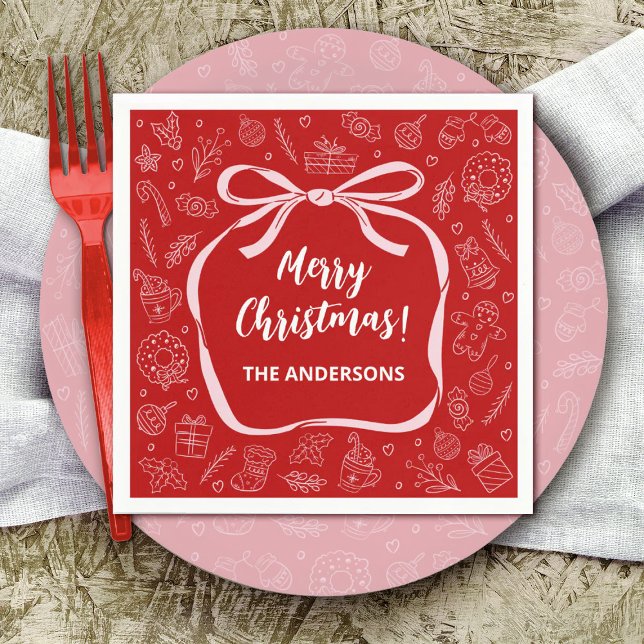 Serviette En Papier Fun Whimsical main tiré Bow Noël (Personalize this cute Christmas party napkin with your name.)