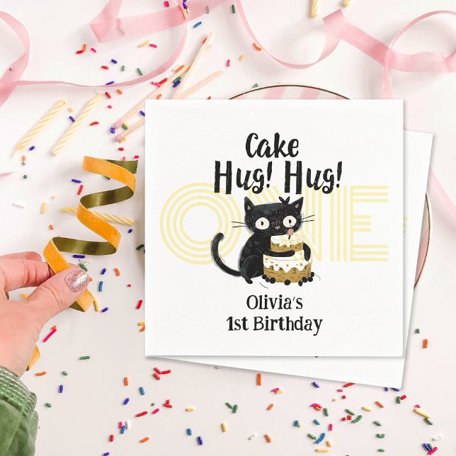 Serviette En Papier Funny Chat noir 1er fête d'anniversaire (Funny Black Cat 1st Birthday Party Napkins)
