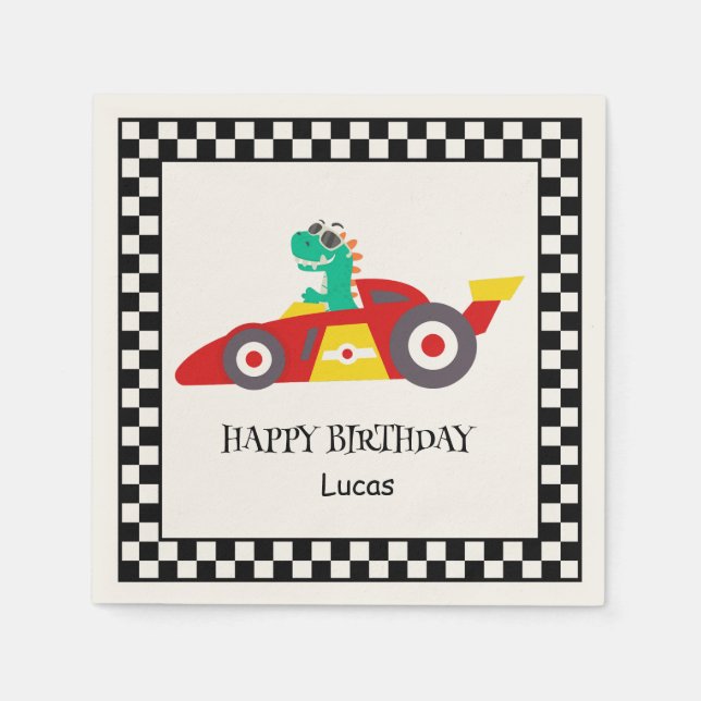 Serviette En Papier Funny Dinosaur Anniversaire voiture de course garç (Devant)