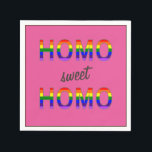 Serviette En Papier Funny Gay Homo Sweet Homo<br><div class="desc">Serviettes douces et drôles, avec texte décoratif "HOMO doux HOMO", un mot par ligne. La première et la dernière montre des lettres majuscules pleines d'un symbole gay, le drapeau arc-en-ciel. Le "sucré" centré est légèrement incliné et peut être ajusté en couleur. Vous pouvez customiser la couleur arrière - plan solide....</div>