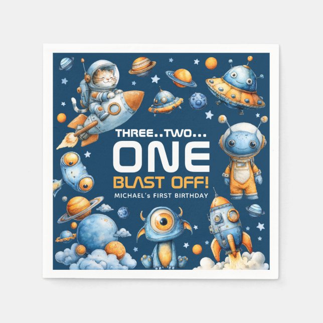 Serviette En Papier Fusée spatiale Astronaute Chat Décollage 1er Anniv (Devant)